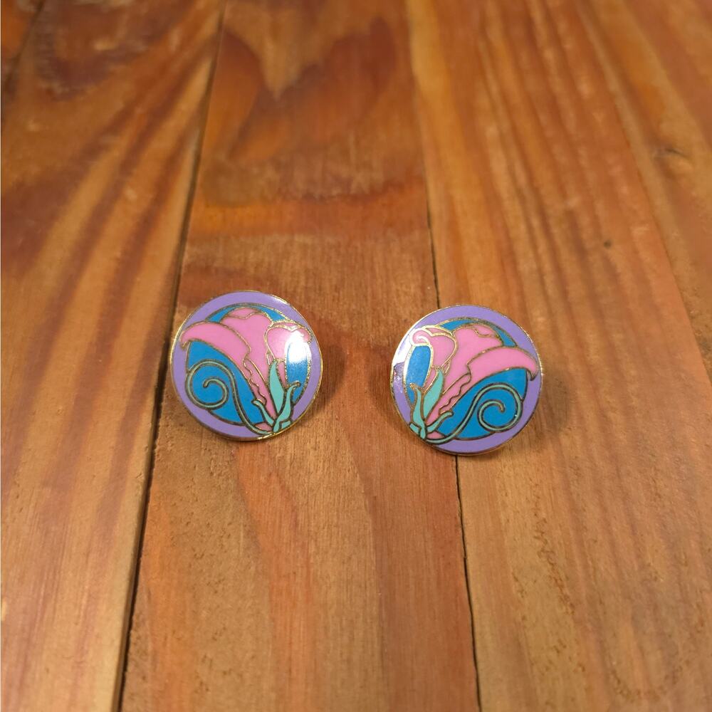 Vintage Isle Of Skye Enamel Lily Stamped Earrings Gold-Tone Stud Back